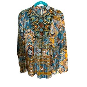 Melissa Paige Paisley Poseidon Blue Women's Long Sleeve Size M Embellished Top